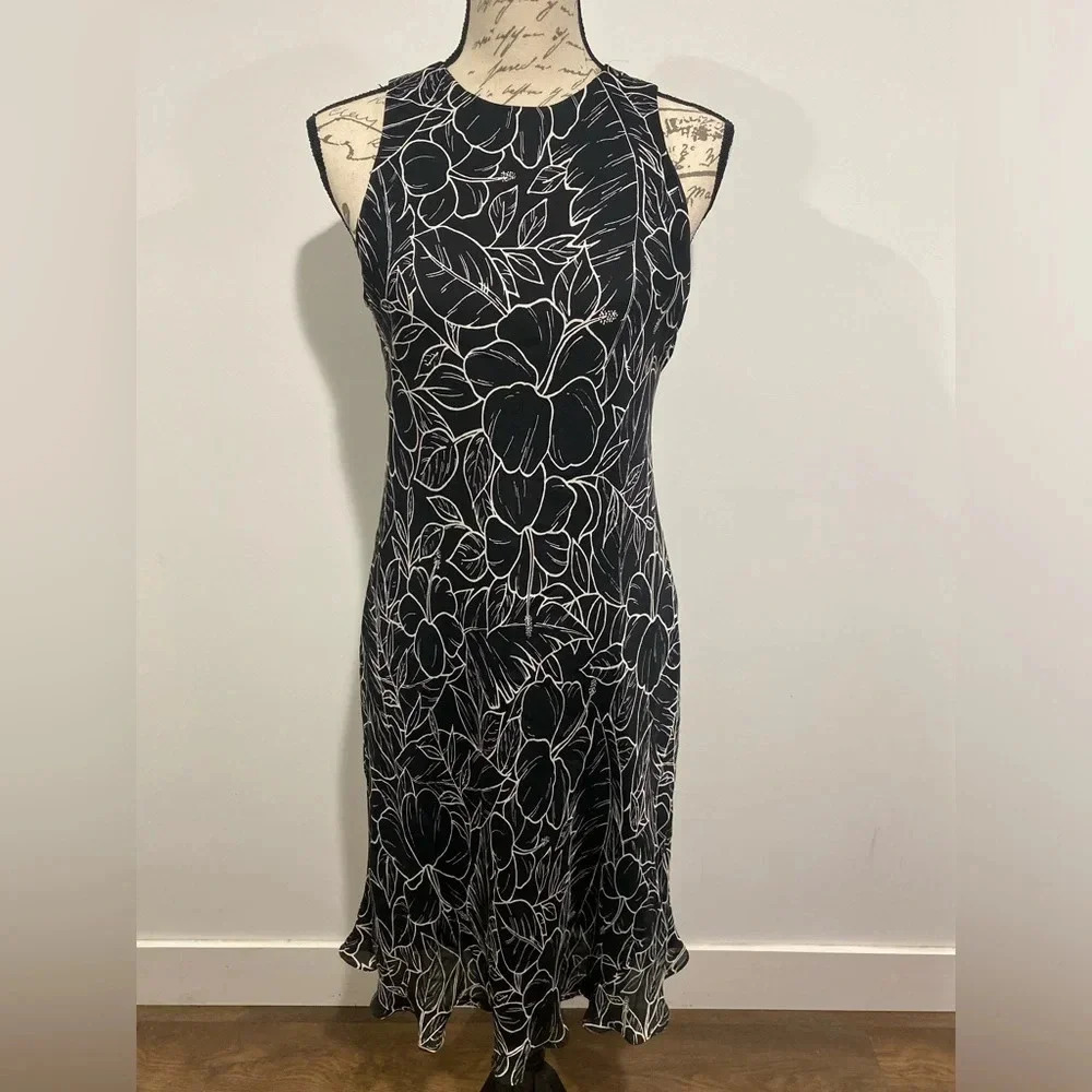 Ralph Lauren Cocktail Dress Black Ivory Hawaiian 100% silk Size Medium Petite